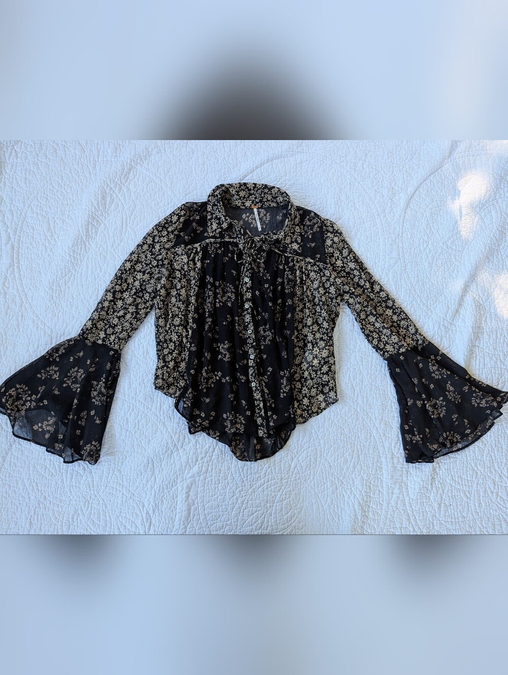 Free People Black Floral Bell-Sleeve Tie-Neck Blouse